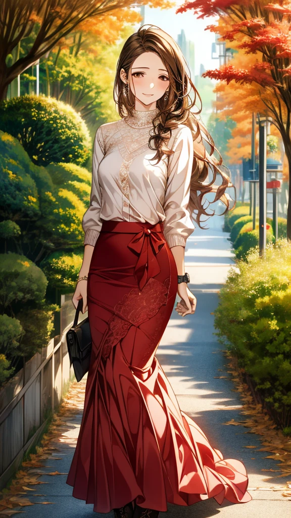 Best Quality,High image quality,Masterpiece,1girl,Adult women, Dark brown hair,Long Hair,highlight hair,side braid,(Droopy eyes:1.5),8 heads,Beautiful breasts,Black knit sweater,(Mermaid Line,Lace skirt,Light brown skirt,maxi long skirt),boots,small pink watch,Handbags,Beautiful lace,standing,Elegant appearance,smile,autumn leaves,(Tree-lined street),Fallen leaves,Detailed cloth texture,Photographed from the front,Soft Light