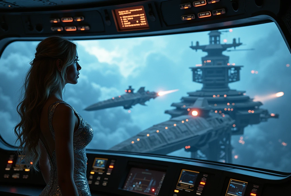 Epic Battle, The bridge of a space battleship, a female officer giving instructions to the fleet while watching a holographic projection of the battle situation, ((masterpiece, highest quality, Highest image quality, High resolution, photorealistic, Raw photo, Extremely detailed CG unified 8k wallpaper)), (Huge and stunning goddess shot, Very hot and sexy, Incredible beauty, Perfect Proportions, Beautiful body, Slim body beauty:1.4), 