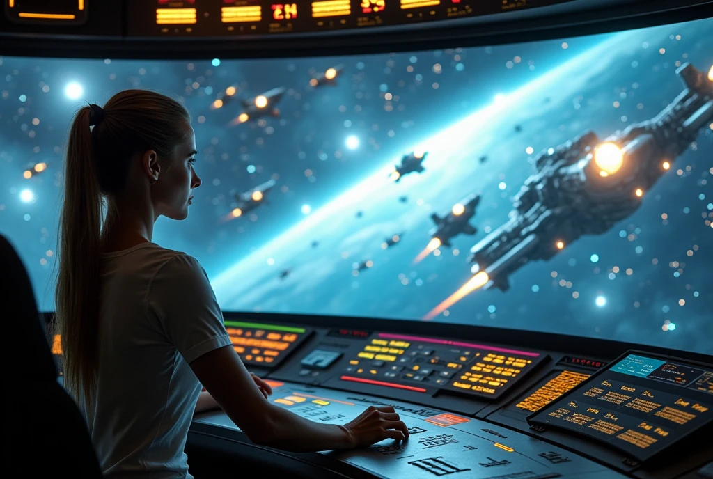 Epic Battle, The bridge of a space battleship, a female officer giving instructions to the fleet while watching a holographic projection of the battle situation, ((masterpiece, highest quality, Highest image quality, High resolution, photorealistic, Raw photo, Extremely detailed CG unified 8k wallpaper)), (Huge and stunning goddess shot, Very hot and sexy, Incredible beauty, Perfect Proportions, Beautiful body, Slim body beauty:1.4), 