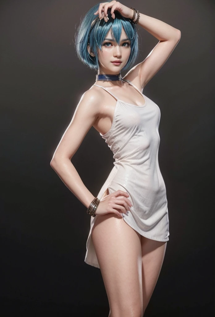 Nico, blue hair, (best quality, ultra-detailed), (realistic:1.37), beautiful and detailed face, ultra-realistic texture, delicate face, delicate body, red lipstick, long-lasting colors. high definition, 8K. expression with a sexy look