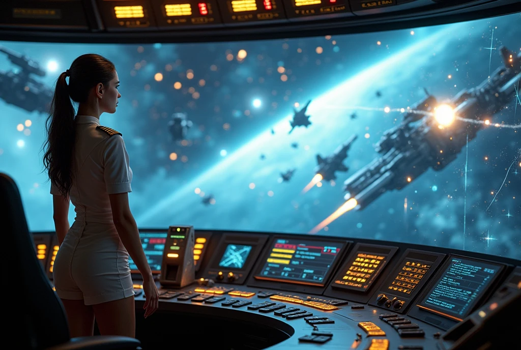 Epic battle, bridge of a space battleship, female officer giving orders to the fleet while viewing a holographic projection of the battle situation, wearing an officer's uniform and miniskirt, ((masterpiece, highest quality, Highest image quality, High resolution, photorealistic, Raw photo, Extremely detailed CG unified 8k wallpaper)), (Huge and stunning goddess shot, Very hot and sexy, Incredible beauty, Perfect Proportions, Beautiful body, Slim body beauty:1.4), 