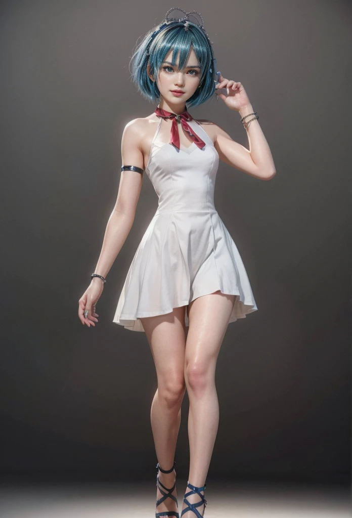 Nico, blue hair, (best quality, ultra-detailed), (realistic:1.37), beautiful and detailed face, ultra-realistic texture, delicate face, delicate body, red lipstick, long-lasting colors. high definition, 8K. expression with a sexy look