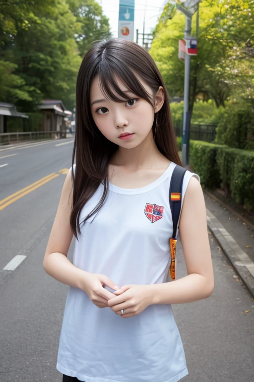 (8k),(masterpiece),(Japanese),(8-year-old girl),((Innocent look)),((Childish)),from the front,smile,cute,Innocent,Kind eyes,Plain T-shirt,Short sleeve,(Carrying a red backpack),Straight Hair,Hair blowing in the wind,(lifting skirt), (no panty),(pussy),(peeing),Black Hair,Somewhat strong wind,noon,bright