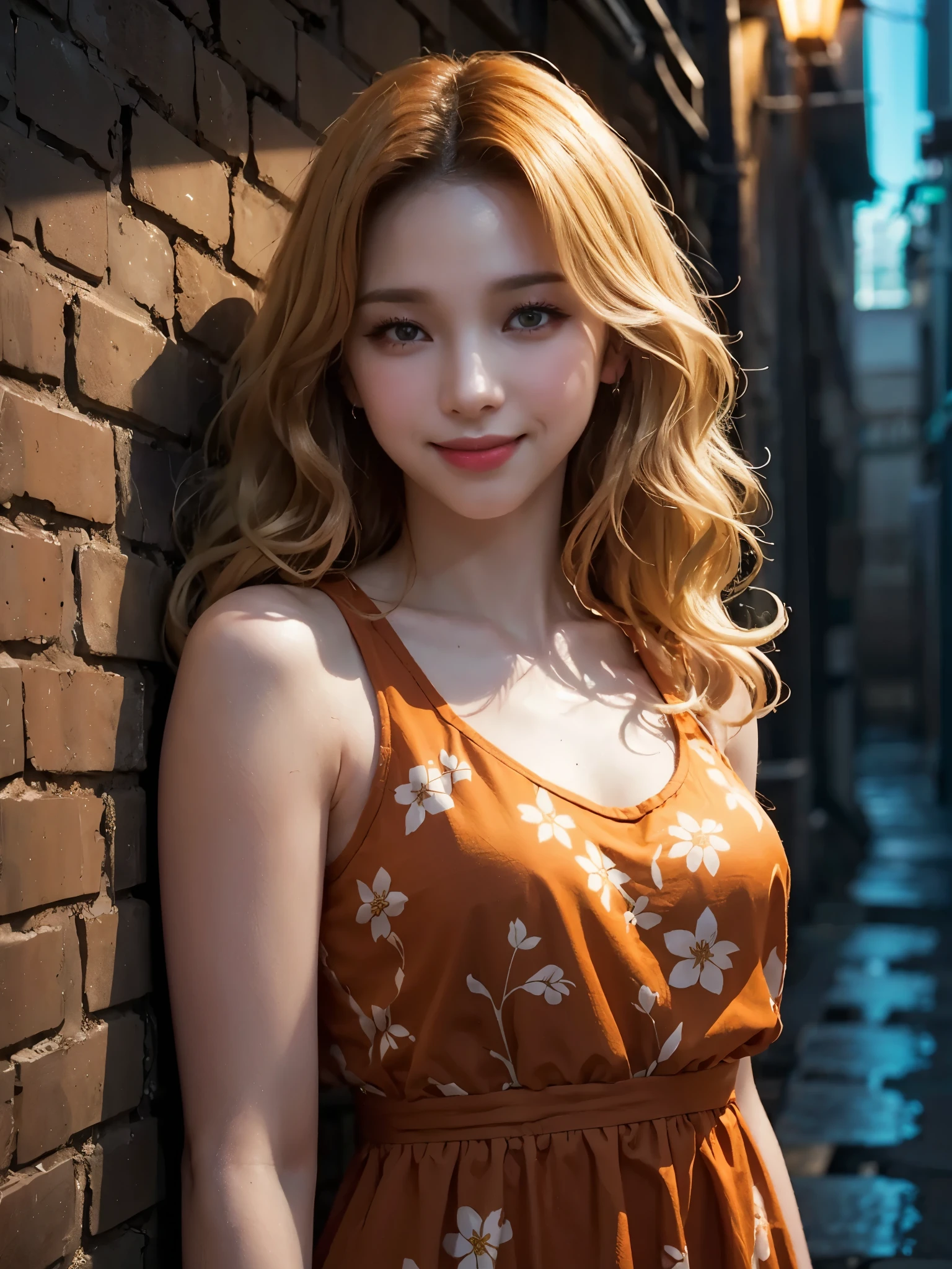 girl, detailed face, detailed face, looking at viewer, chin up, smile, shoulder length hair, middle parted hair, casual shirt, outdoor, masterpiece, best quality, high resolution, realistic, dark alley, night, see-through orange dress, floral print, leaning against wall, narrow alley, wavy blonde hair, bangs,