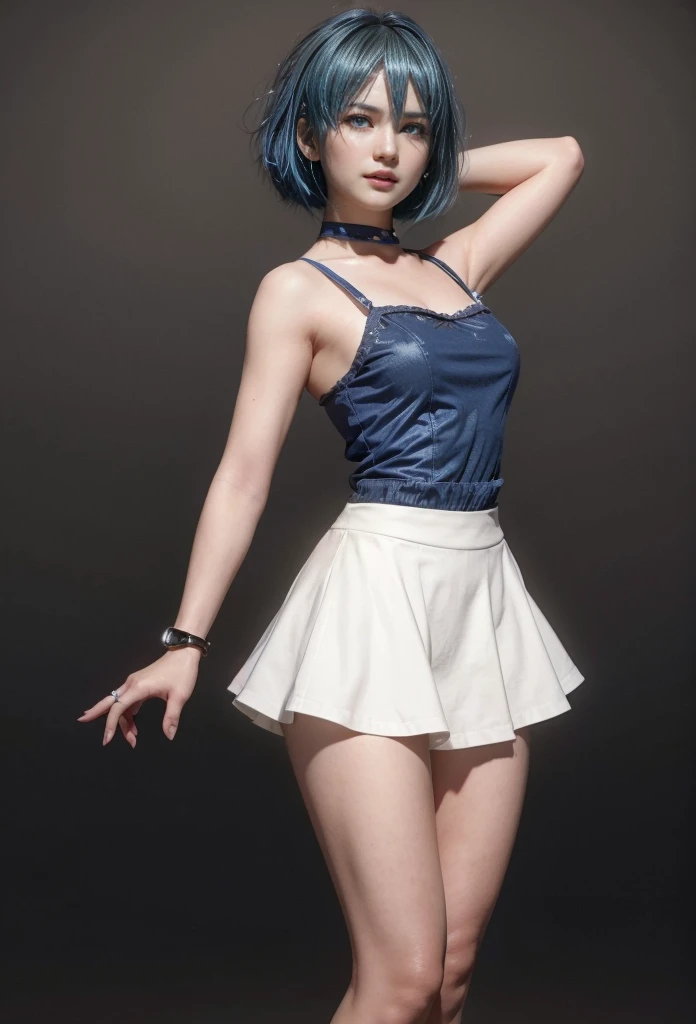 Nico, blue hair, (best quality, ultra-detailed), (realistic:1.37), beautiful and detailed face, ultra-realistic texture, delicate face, delicate body, red lipstick, long-lasting colors. high definition, 8K. expression with a sexy look