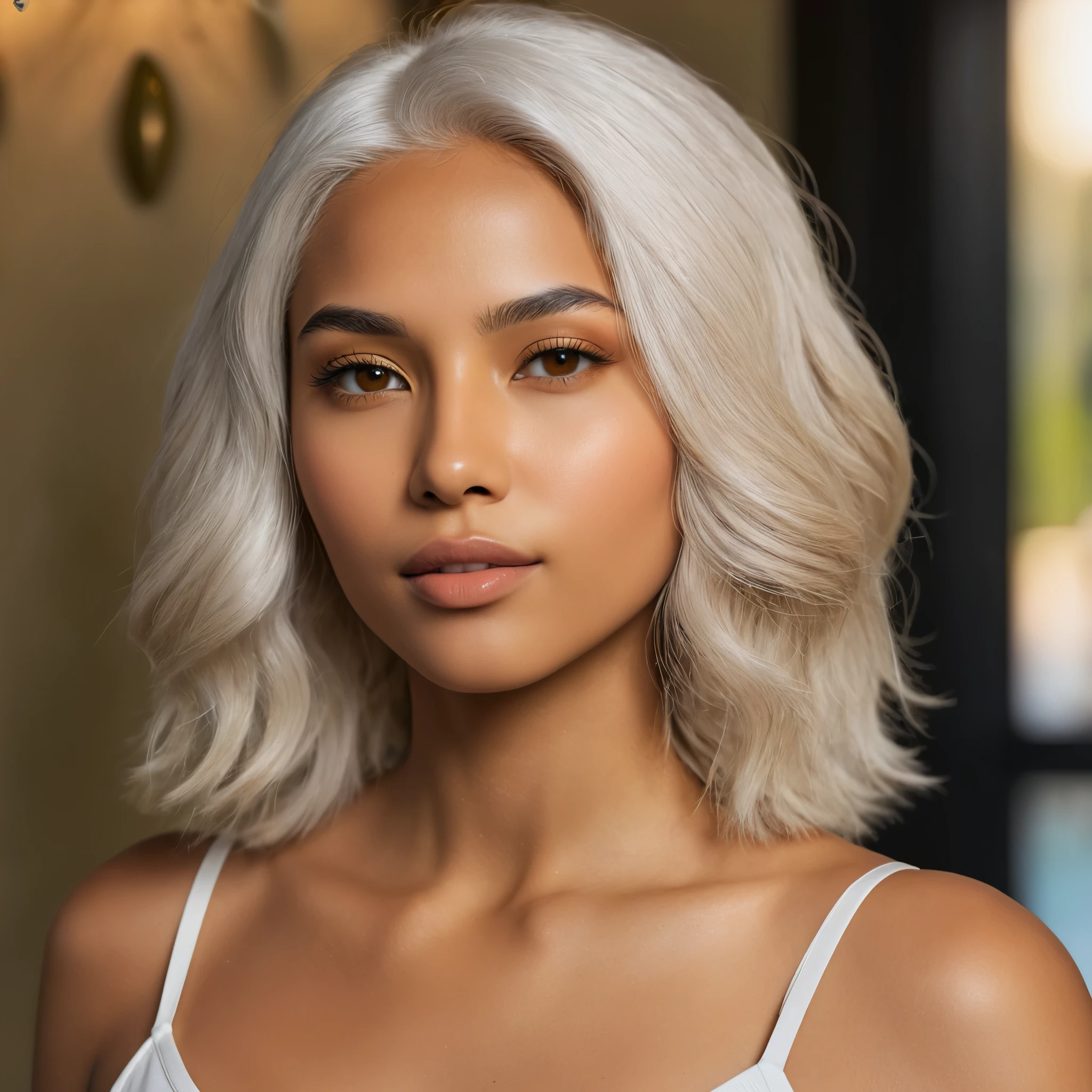 Woman, 25, mixed ethnicity with olive skin tone, shoulder-length white hair with warm ochre highlights, golden eyes, soft but defined facial features with high cheekbones and full lips, natural glow with a sun-kissed effect (best quality, 8k, masterpiece, ultra-detailed, photorealistic, soft lighting, sharp focus)