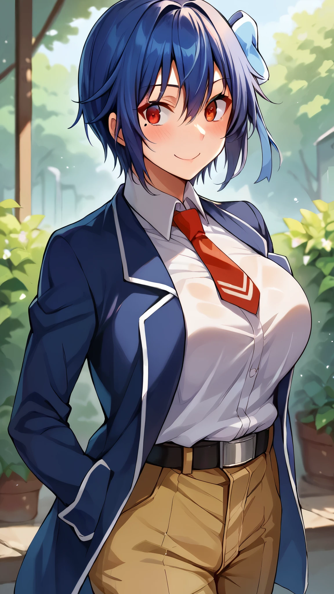 Score_9, Score_8_wonderful, Score_7_wonderful, Score_6_wonderful, sauce_anime, 1 person, solo BREAK tsugumi seishirou, Mole under the eye, Blue Hair, Short Hair, Hair Ribbon, Blue jacket, White shirt, Collared shirt, Red tie, belt, Brown pants, large breasts, Be sweet, blush, smile