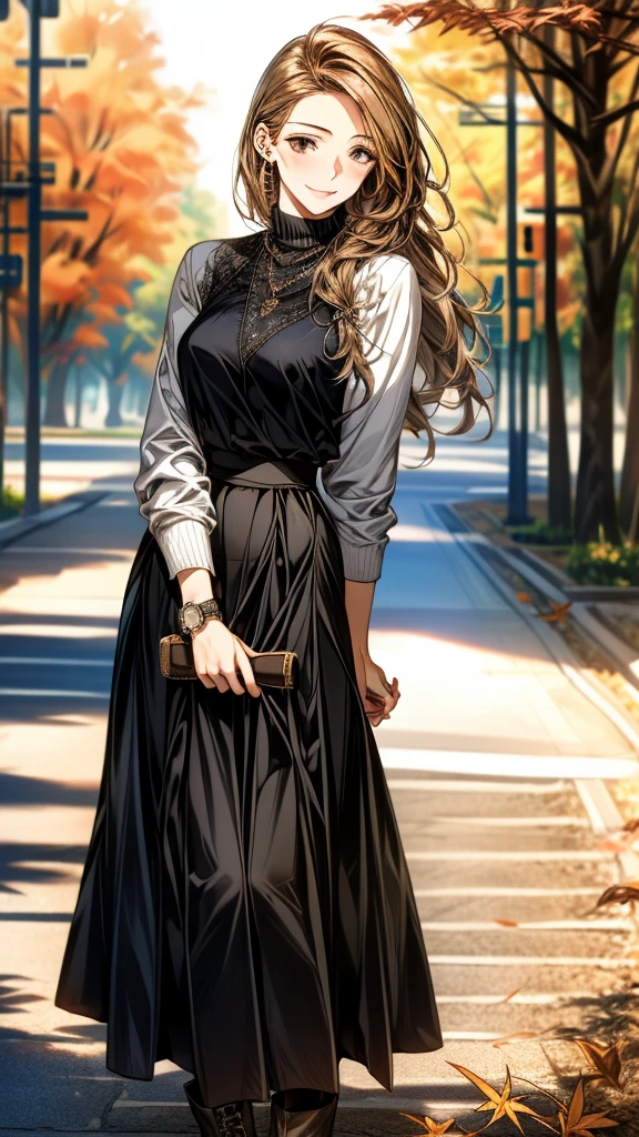 Best Quality,High image quality,Masterpiece,1girl,Adult women, Dark brown hair,Long Hair,highlight hair,side braid,(Droopy eyes:1.5),8 heads,Beautiful breasts,Black knit sweater,(Light brown maxi long skirt:1.5),boots,Beautiful little watch,Handbags,Beautiful lace,standing,Elegant appearance,smile,autumn leaves,(Tree-lined street),Fallen leaves,Detailed cloth texture,Photographed from the front,Soft Light