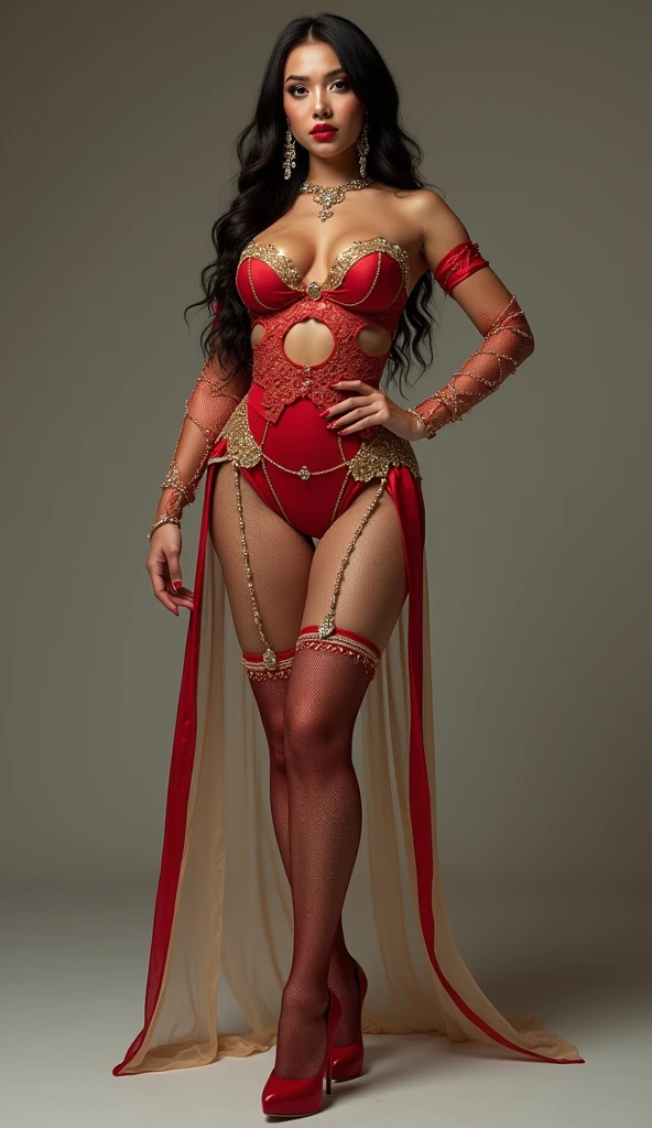 Salma Hayek - the most beautiful queen of succubus seductresses. large red wings on the back with the most realistic texture、(Ragged rear fenders with very complex and detailed texture..:1.1)、(Gold Crown, Gold bracelets on the arms, gold anklets, golden belt, gold chain with red diamond pendant around the neck )、A charming and sexy expression is looking at me.. Big naked breasts, long legs in stockings with a mesh belt. very high heel shoes, bright makeup、pale body, Red hair, long eyelashes、bright red lipstick、accurate anatomy、full length photo、Fire background
