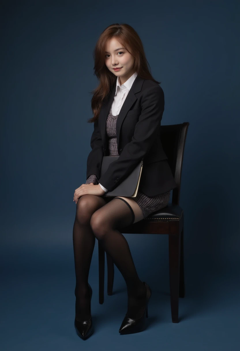 Photorealistic, realistic, cute female college professor, stockings, deep squat, looking at viewer, solid navy background