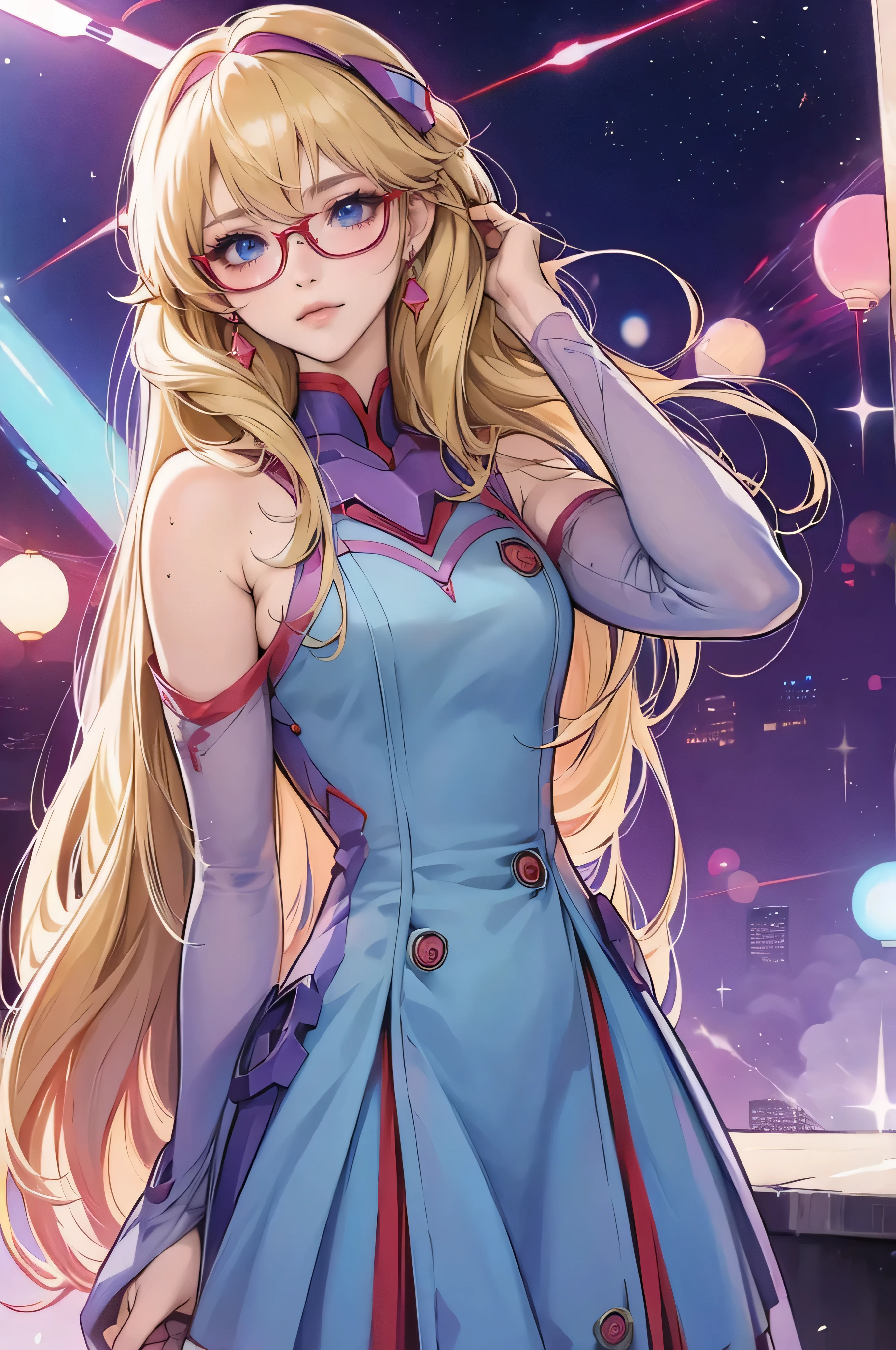 anime,Illustration,Purple Robot,Mobile Suit,Dom,Light blue check dress,Red glasses,Blonde,Light blue mesh,beautiful girl,Sakurano Sora,One person