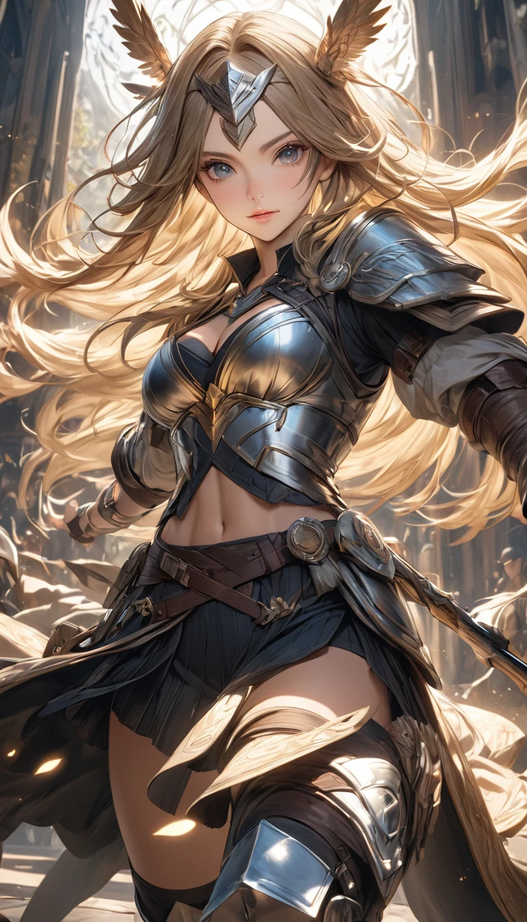 (((absurdres, highres, ultra detailed, HDR, master piece, best quality, extremely detailed, delicated features, noise removal))), 1 woman, Age 20 years, low-tied long hair, gold hair, Valkyrie,