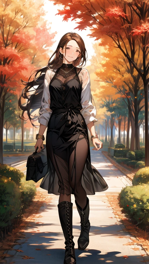 Best Quality,High image quality,Masterpiece,1girl,Adult women, Dark brown hair,Long Hair,highlight hair,side braid,(Droopy eyes:1.5),8 heads,Beautiful breasts,Black knit sweater,(See-through lace maxi long skirt),boots,small pink watch,Handbags,Beautiful lace,standing,Elegant appearance,smile,autumn leaves,(Tree-lined street),Fallen leaves,Detailed cloth texture,Photographed from the front,Soft Light