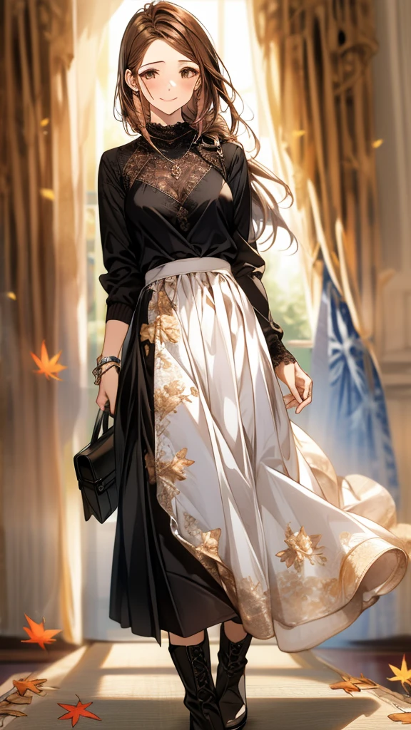 Best Quality,High image quality,Masterpiece,1girl,Adult women, Dark brown hair,Long Hair,highlight hair,side braid,(Droopy eyes:1.5),8 heads,Beautiful breasts,Beautiful and neat hairstyle,Black knit sweater,(Lace maxi long skirt),High waist,boots,small pink watch,Handbags,Beautiful lace,standing,Elegant appearance,smile,autumn leaves,(Tree-lined street),Fallen leaves,Detailed cloth texture,Photographed from the front,Soft Light