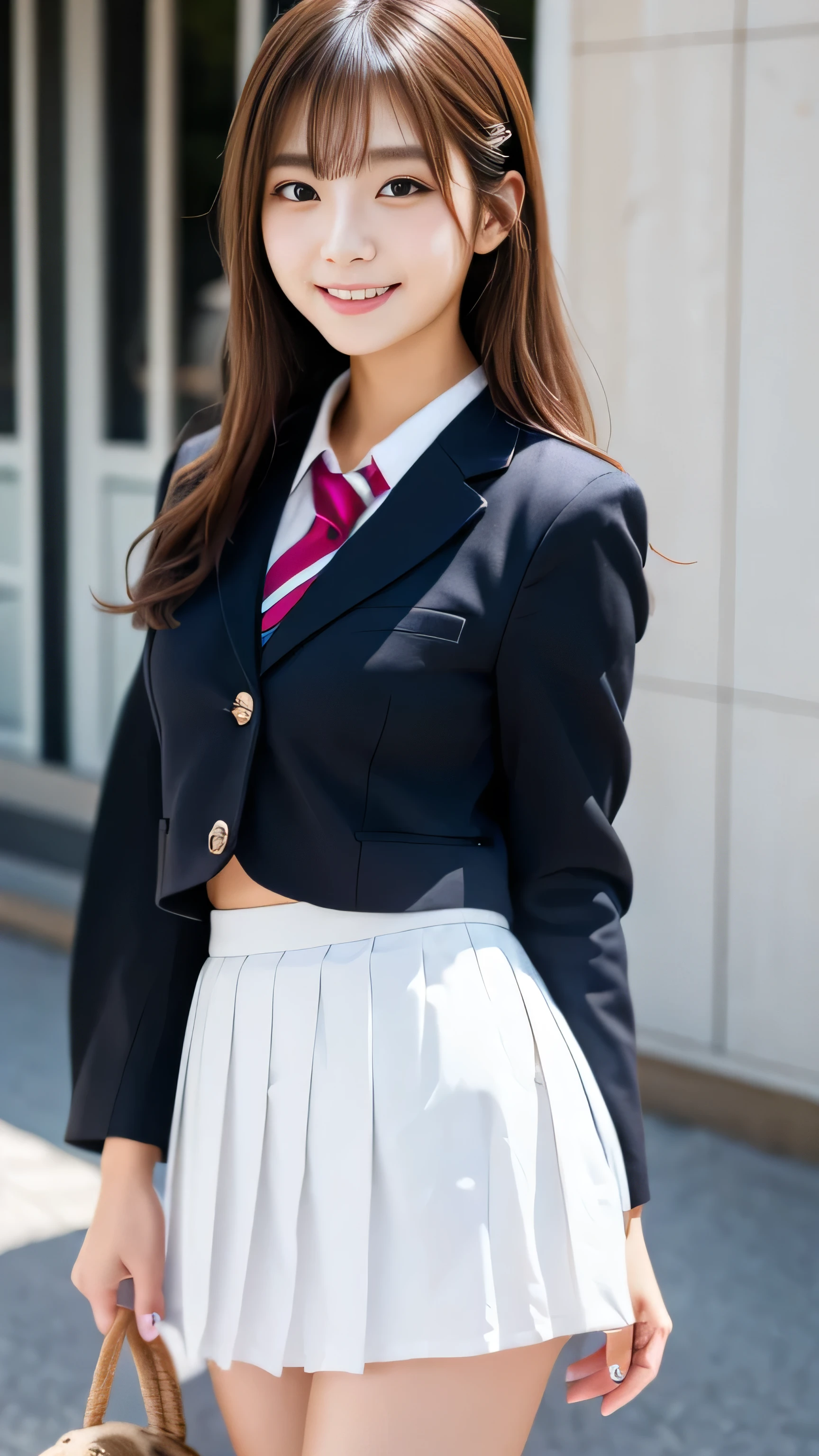 (((masterpiece))), (one beautiful japanese girl, classmate, Innocence，cute) ，Super A high resolution, Realistic, Very detailed, 8k,Best Quality, Very detailed, Detailed Background,thin,Very beautiful Japanese girl, Detailed face:1.3), (blonde), (Medium Long Hair), (，cute系,Adorable girl), (Perfect body:1.1), (Brown blazer, Light brown pleated mini skirt), Provocative smile,Please show me your beautiful teeth,超Detailed face、Lip details、detailed eyes、Small gravure idol，Clear Skin、，A Japanese high school with a school emblem on its chest、Sexy pose，Watch your ass，Please think back，((Her skirt is rolled up))、((Blue and white striped low rise high leg panties are visible.))
