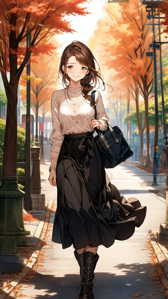 Best Quality,High image quality,Masterpiece,1girl,Adult women, Dark brown hair,Long Hair,highlight hair,side braid,(Droopy eyes:1.5),8 heads,Beautiful breasts,Beautiful and neat hairstyle,Black knit sweater,(Lace maxi long skirt),High waist,boots,small pink watch,Shoulder bags,Beautiful lace,standing,Elegant appearance,smile,autumn leaves,(Tree-lined street),Fallen leaves,Detailed cloth texture,Photographed from the front,Soft Light