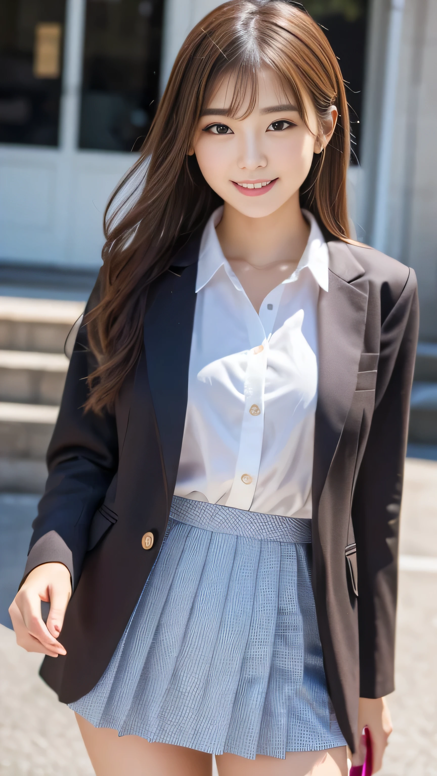 (((masterpiece))), (one beautiful japanese girl, classmate, Innocence,cute) ,Super A high resolution, Realistic, Very detailed, 8k,Best Quality, Very detailed, Detailed Background,thin,Very beautiful Japanese girl, Detailed face:1.3), (blonde), (Medium Long Hair), (,cute系,Adorable girl), (Perfect body:1.1), (Brown blazer, Light brown pleated mini skirt), Provocative smile,Please show me your beautiful teeth,超Detailed face、Lip details、detailed eyes、Small gravure idol,Clear Skin、,A Japanese high school with a school emblem on its chest、Sexy pose,Watch your ass,Please think back,((Her skirt is rolled up))、((Blue and white striped low rise high leg panties are visible.))