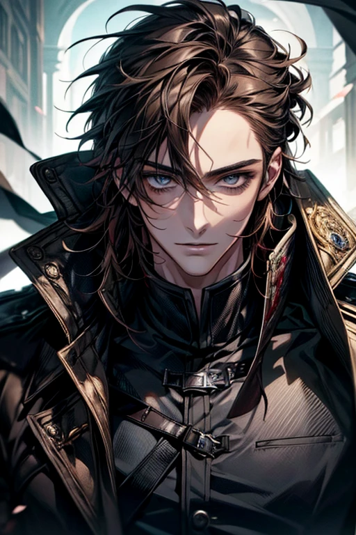 (masterpiece、Best Quality、Beautiful illustrations)、(Beautiful Men、Handsome、solo)、Face close-up、Moderate exposure、Satisfied、Standing man、Beautiful Eyes、Brown Skin、Black coat、assassin、Blood Wave、Dynamic