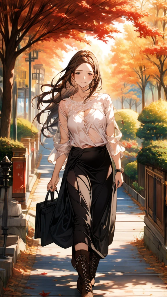 Best Quality,High image quality,Masterpiece,1girl,Adult women, Dark brown hair,Long Hair,highlight hair,side braid,(Droopy eyes:1.5),8 heads,Beautiful breasts,Black knit sweater,(See-through brown lace maxi long skirt),boots,small pink watch,Handbags,Beautiful lace,standing,Elegant appearance,smile,autumn leaves,(Tree-lined street),Fallen leaves,Detailed cloth texture,Photographed from the front,Soft Light