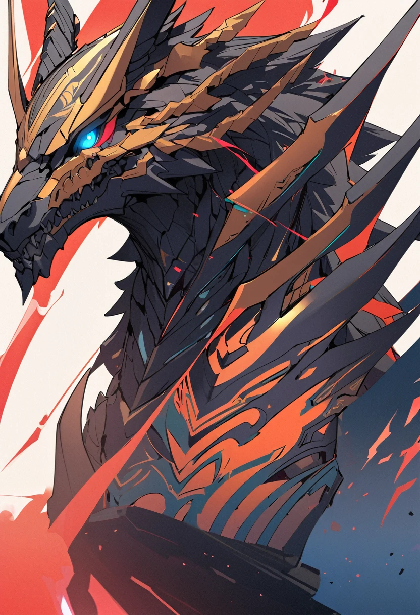 Masterpiece, line drawing background, White background, monochrome, line drawing, ((Sketch) Kaiju form of a man, Masterpiece, Best quality, 8K, Detailed skin texture, obsidian-like plates that overlap like armor reptilian head, obsidian spikes running from the forehead to the back of the neck. Four glowing amber eyes, arms with massive claws and blades, feet have three large, taloned toes, A long, whip-like tail ending in a mace-like cluster of obsidian spike, orange lines and aura in between armor. HD. city background destroyed. ultra HD, masterpiece, 4k, 8k
