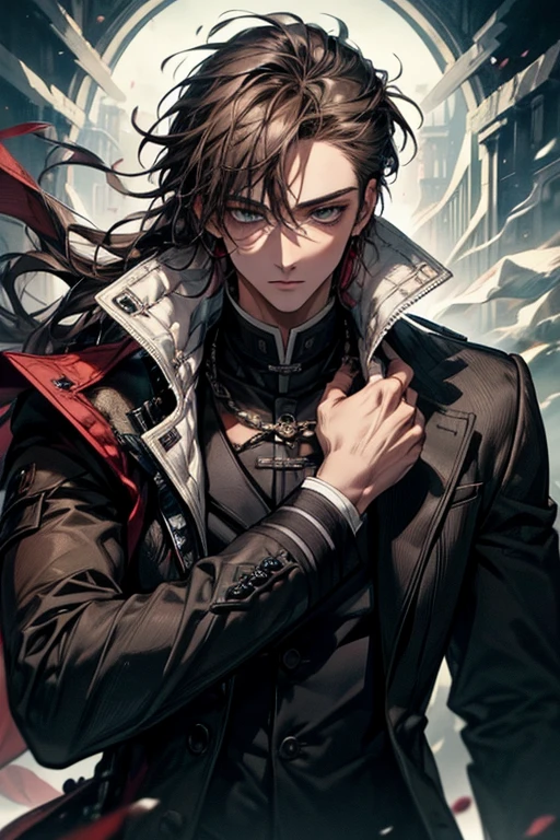 (masterpiece、Best Quality、Beautiful illustrations)、(Beautiful Men、Handsome、solo)、Face close-up、Moderate exposure、Satisfied、Standing man、Beautiful Eyes、Brown Skin、Black coat、assassin、Blood Wave、Dynamic
