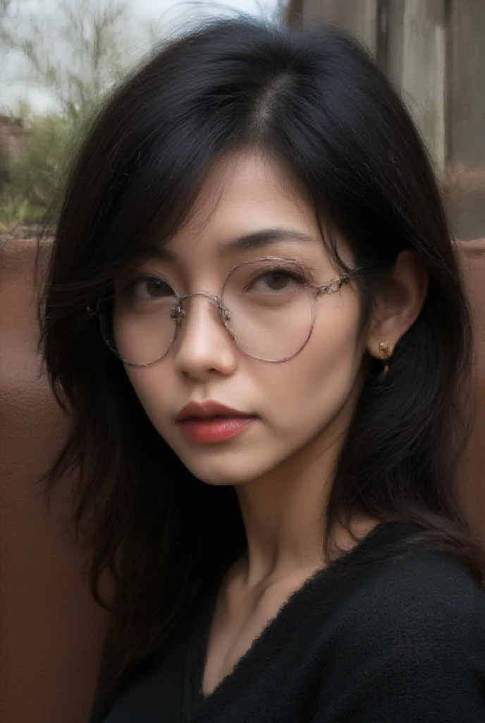 Slightly curly hair, rimless glasses, small spots at the corners of the mouth, / pay attention to the lilac earrings, slightly open mouth, Red lips, Surrealism, high detail, Strong chiaroscuro, film grain, panorama, ultra high resolution, accurate, textured leather, asian