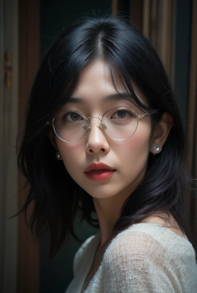 Slightly curly hair, rimless glasses, small spots at the corners of the mouth, / pay attention to the lilac earrings, slightly open mouth, Red lips, Surrealism, high detail, Strong chiaroscuro, film grain, panorama, ultra high resolution, accurate, textured leather, asian