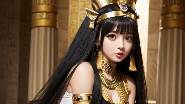 1 mulher, rosto, cor olho castanho claro, vestido de cleopatra, Pharaoh, flamingo, beija flor, sentada no trono, Egyptian headdress dourado, cor do cabelo castanho claro, vestido egipcio, embraced like a flamingo animal, ao lado, piramide no fundo, flamingos em volta, mulher seria, implacavel, guerreira, rosto brava, muitos acessorios egipcios, maquiagem egipcia, cat eyes, Egyptian headdress, vestido longo, vestido solto