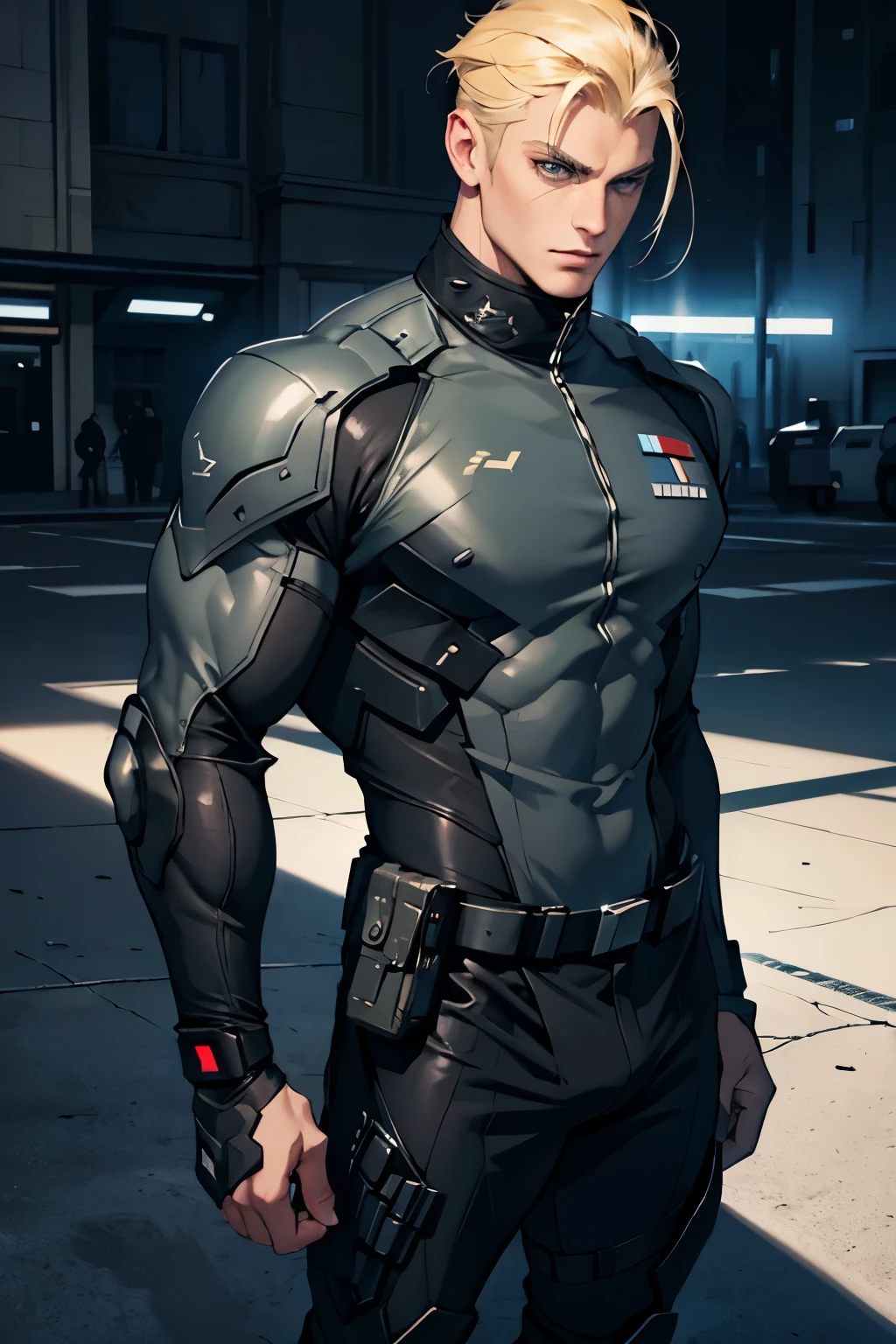 ((Best Quality, 8K, ultra-detailed, Masterpiece: 1.3)), 1boy Bakugou Katsuki, shiny skin, sharp, Perfect Body Beauty, realistic shaded perfect body,("bodysuit, big bulge ":1.2),("leggins , armor":1.1),("glove, armor":1.1 ),(techwear)(dynamic pose:1.1), thigh , battle field , (bulge focus:1.2)((handsome face:1.2)