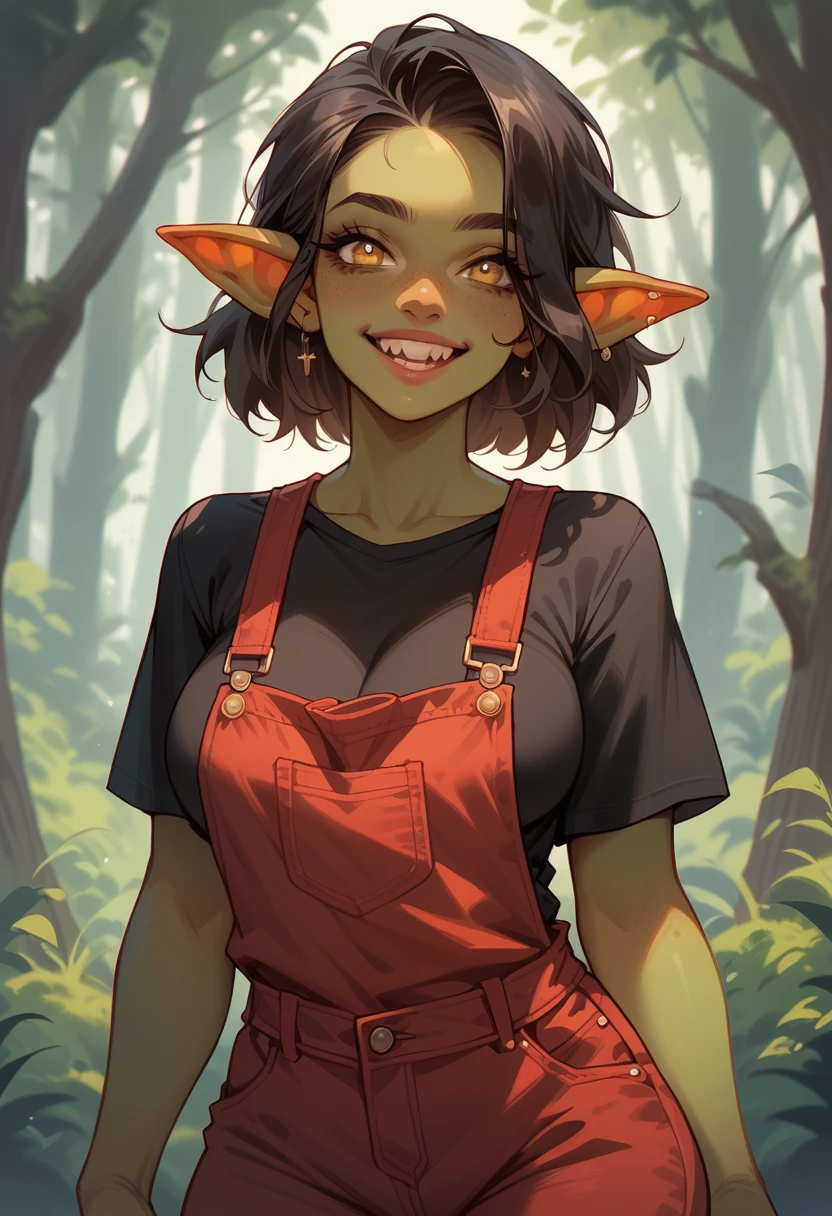 (Cowboy Shot) Adult hob goblin girl, modest breasts, with dark hair, shoulder length hair, yellow eyes, a forest, a small smile, in a dark shirt and red overalls.