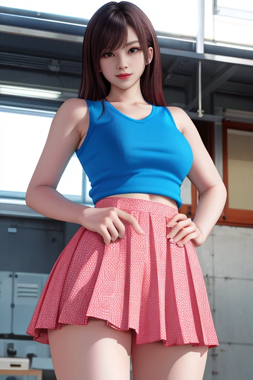 sexy, 灰色の目とsexyなポーズのスリムな女性, Dressed in a super mini skirt,Wear a sleeveless collared shirt,Put a gun belt on your waist,Crying hard