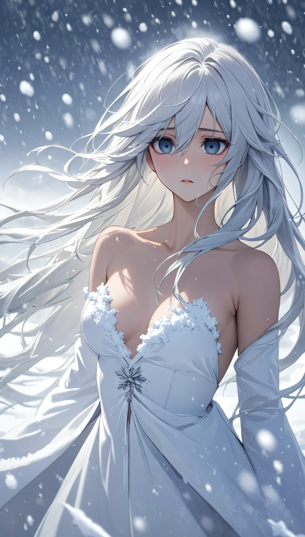 Snow Woman, Snow scene, snowstorm, white hair, long hair, floating hair, empty eyes, Stare, Bare chest, white outfit