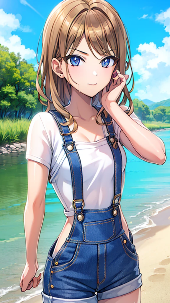 An inviting face,place:(Beside a small river). (Bare skin), ((Only wear the specified clothes: overalls)),3K resolution:1,(girl 1), Shoot from various angles,Take various poses,(1 right arm:1.1), (1 left arm:1.1), (1 right leg:1.1), (1 left leg:1.1), (5 right fingertips:1.1), (5 left fingertips:1.1)