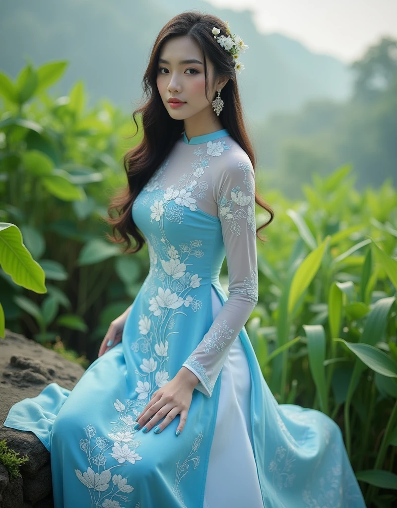 A stunning young woman with long, dark hair and delicate features wearing an intricately embroidered, soft silk traditional Vietnamese ao dai in shades of sky blue and white, posing elegantly amidst lush, vibrant greenery and subtle mist.