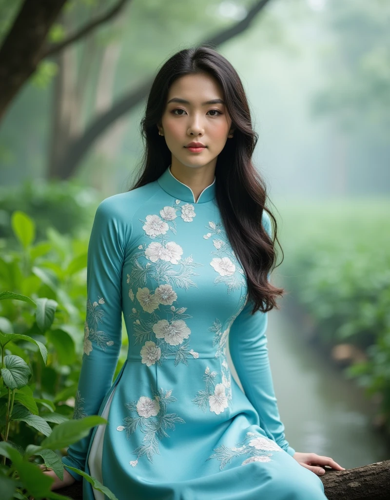 A stunning young woman with long, dark hair and delicate features wearing an intricately embroidered, soft silk traditional Vietnamese ao dai in shades of sky blue and white, posing elegantly amidst lush, vibrant greenery and subtle mist.