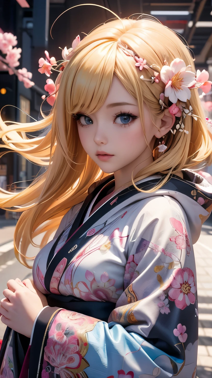 1 girl with blonde hair, detailed and intricate mandala pattern, fractal art, most beautiful chaotic form, brutalist design, highly detailed and stylized Harajuku-inspired hooded kimono, wind-swept cherry blossoms, mystical, aesthetic, psychedelic, atmospheric