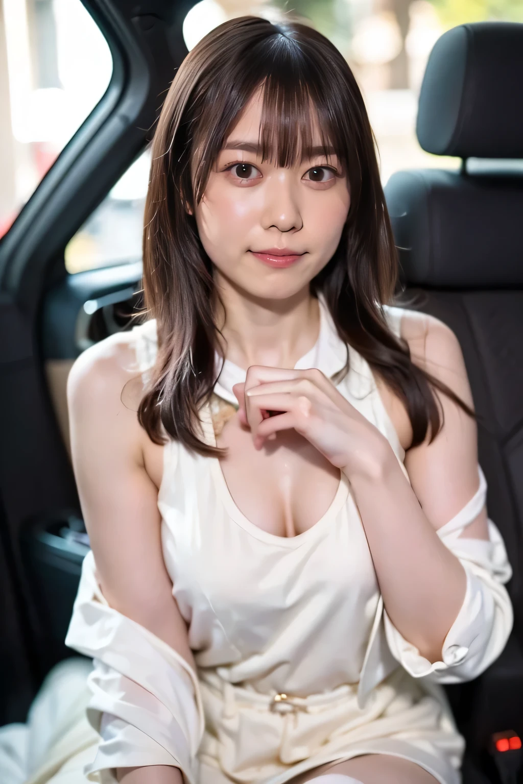 A woman is sitting in the passenger seat of a car...., Japanese Model, Young and sexy gravure idol, A true young gravure idol, Surreal,Provocative,((Beautiful Skin)),((Skin Texture)),((Real Touch)), healthy, Redness-free skin, Cute freckles on the cheeks,Mole under left eye,Thighs