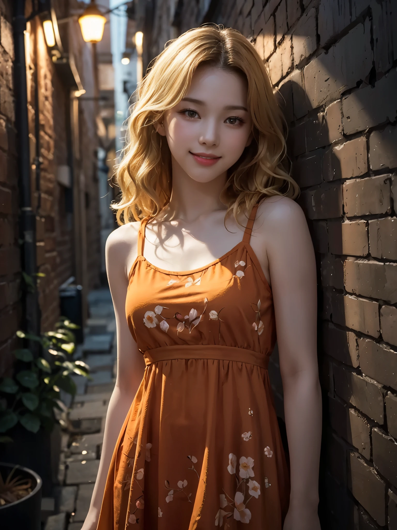 girl, detailed face, detailed face, looking at viewer, chin up, smile, shoulder length hair, middle parted hair, casual shirt, (teen, cute:1.6), (breasts:1.2), outdoor, masterpiece, best quality, high resolution, realistic, dark alley, night, see-through orange dress, floral print, leaning against wall, narrow alley, wavy blonde hair, bangs,