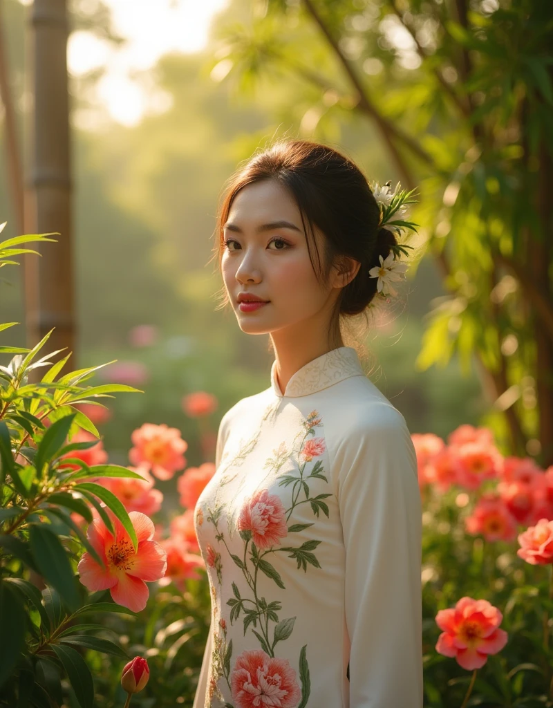 A serene beautiful young woman wearing a traditional Vietnamese ao dai, intricately embroidered with floral motifs and subtle silk patterns, situated amidst a lush Vietnamese garden, surrounded by vibrant tropical flowers and delicate bamboo trees, in warm, golden, late-afternoon sunlight, evoking the elegance and refinement of vintage Vietnamese culture.