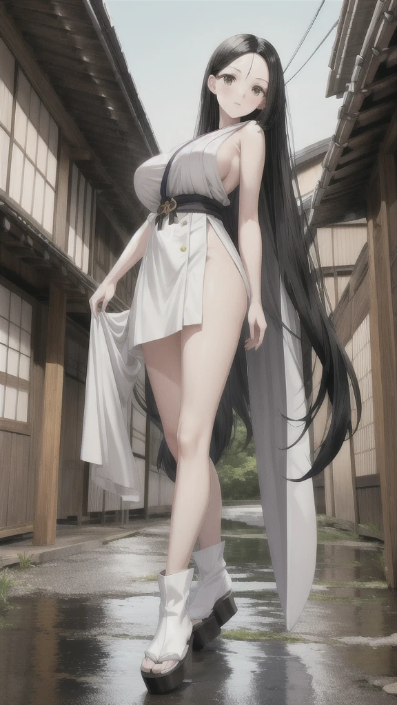 ,Long straight black hair，bright forehead, Huge Breasts，White nude clothes，Bare arms，Bare Legs，Clogs，Japanese Village，Standing