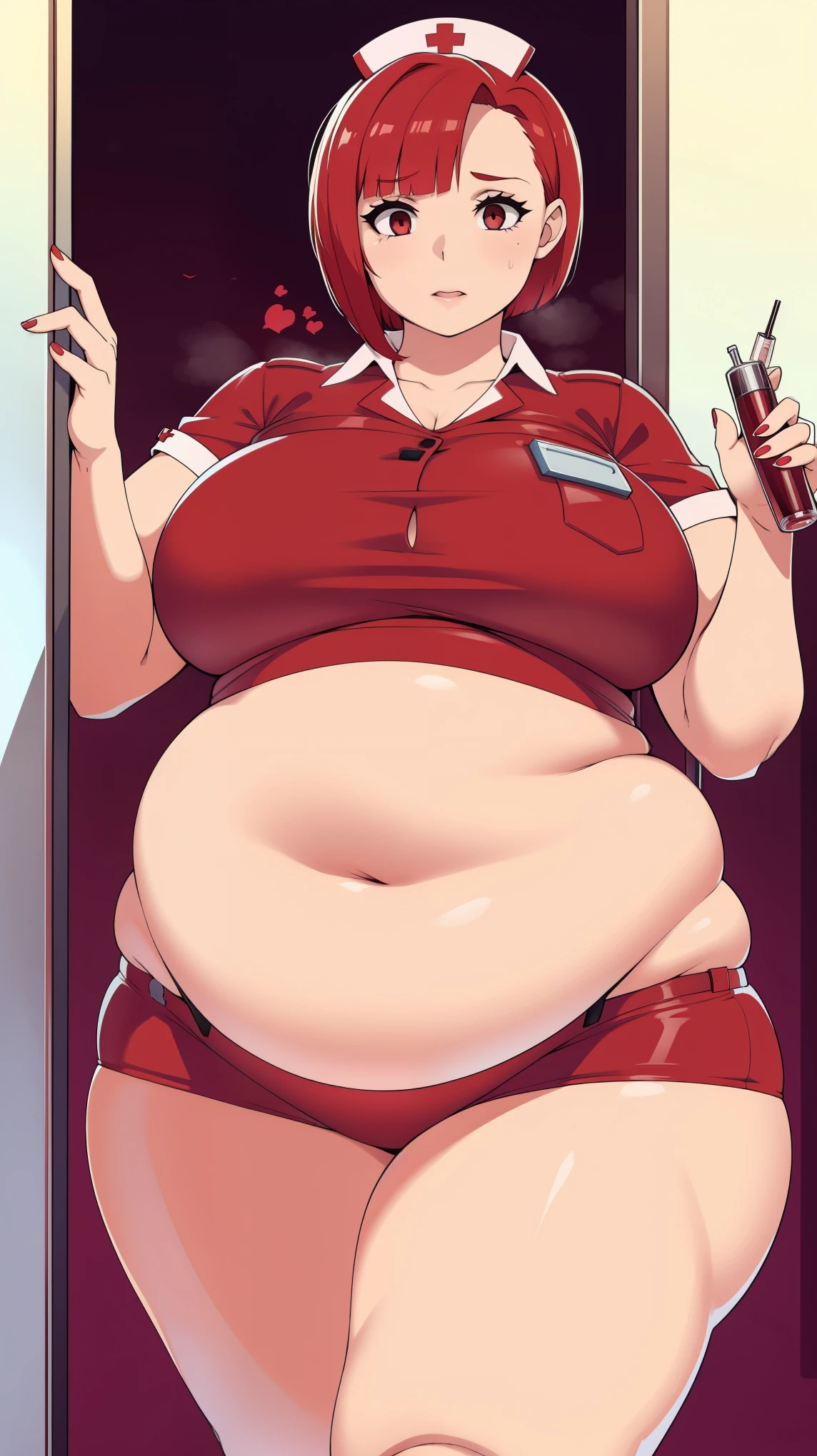 one belly bbw girl,  wearing an undersized mcdonalds uniform , (asking a question, confused emotions), big girl, in a frosty and icy factory room