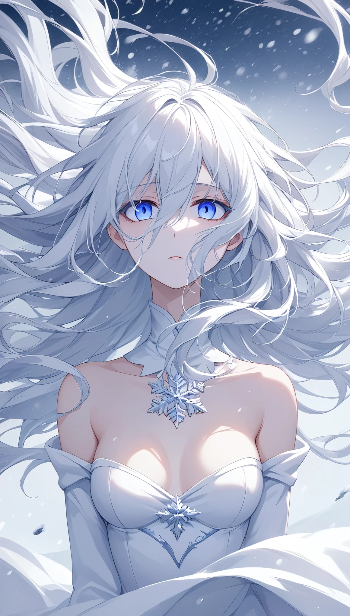 Snow Woman, Snow scene, snowstorm, white hair, long hair, floating hair, empty eyes, gaze, Bare chest, white outfit