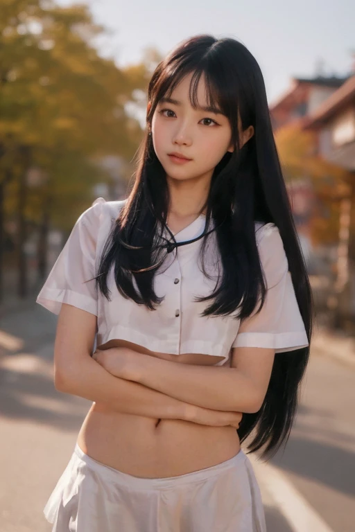 ((European pre-teen)), excited girl, bare breasts, tiny pleated skirt, no panties, black tights to the waist, vagina with small hair, close-up from thighs to face, shot from below, very light skin, very long hair, wavy hair, blonde hair, garden, sunrise, photorealistic, indirect lighting, volumetric light, ray tracing, hyper-detailed, best quality, ultra-high resolution, HDR, 8k
