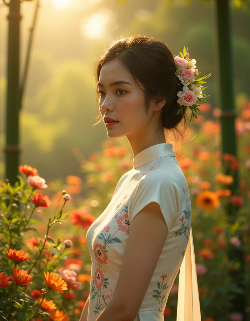 A serene beautiful young woman wearing a traditional Vietnamese ao dai, intricately embroidered with floral motifs and subtle silk patterns, situated amidst a lush Vietnamese garden, surrounded by vibrant tropical flowers and delicate bamboo trees, in warm, golden, late-afternoon sunlight, evoking the elegance and refinement of vintage Vietnamese culture.