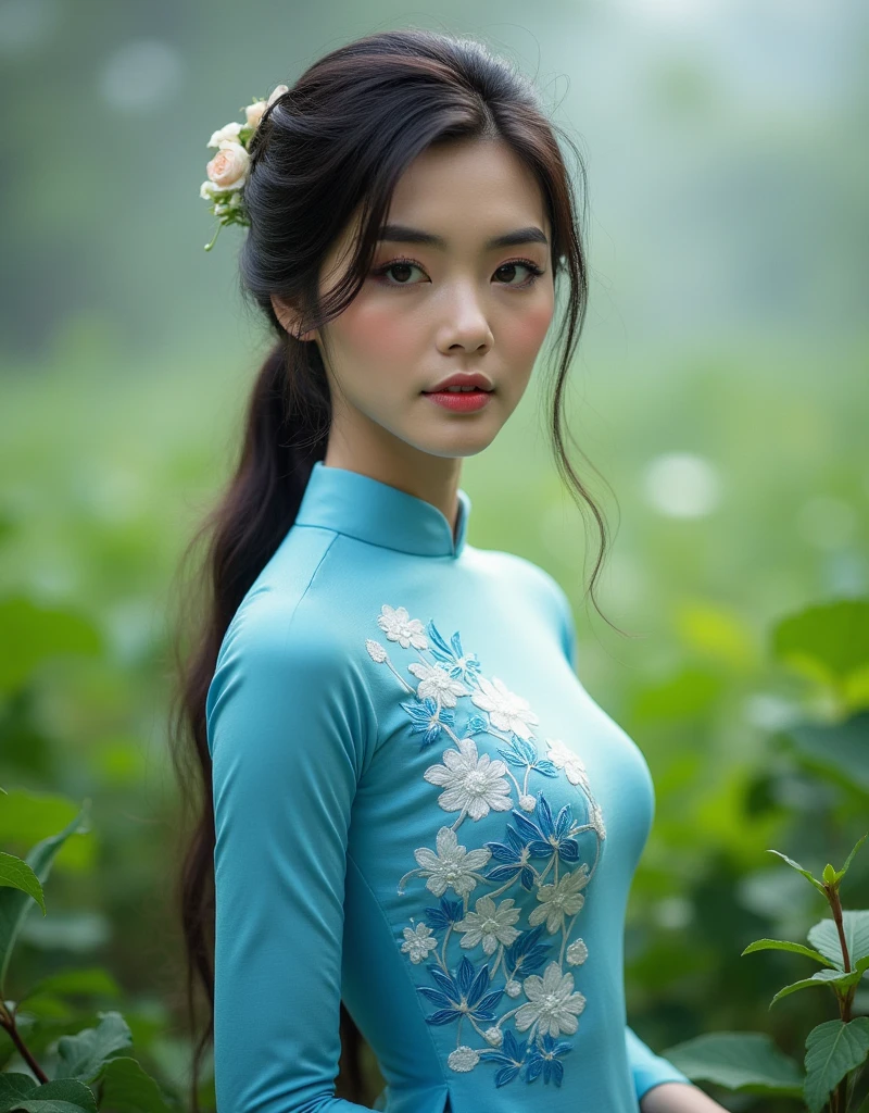 A stunning young woman with long, dark hair and delicate features wearing an intricately embroidered, soft silk traditional Vietnamese ao dai in shades of sky blue and white, posing elegantly amidst lush, vibrant greenery and subtle mist.