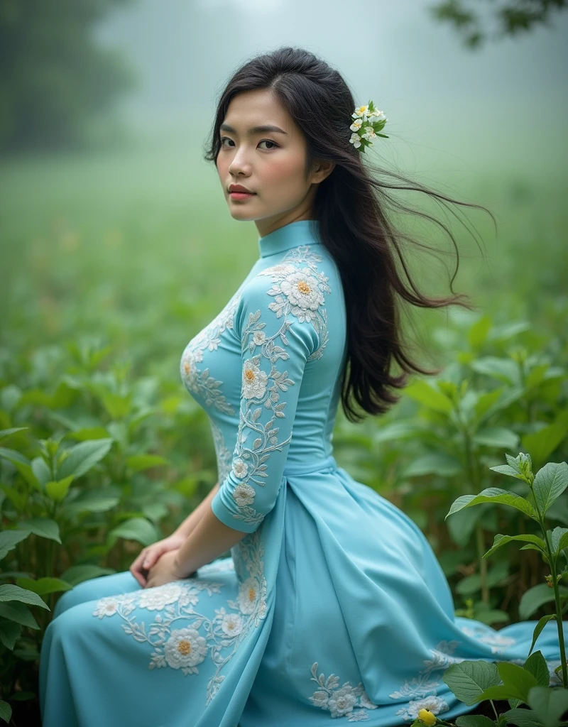 A stunning young woman with long, dark hair and delicate features wearing an intricately embroidered, soft silk traditional Vietnamese ao dai in shades of sky blue and white, posing elegantly amidst lush, vibrant greenery and subtle mist.