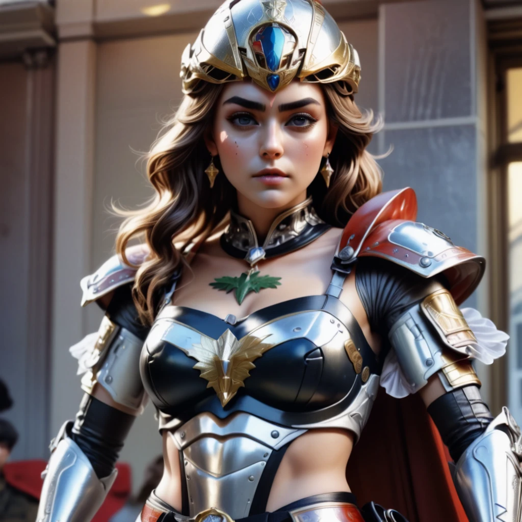 A dictatorial valkyrie wearing armor with a crowd of slaves in the background, tyrannical countenance, gleaming golden helmet, valkyrie wings, gleaming metal throne, kinematic light, focal length, lens flares, 8k resolution, high details --auto