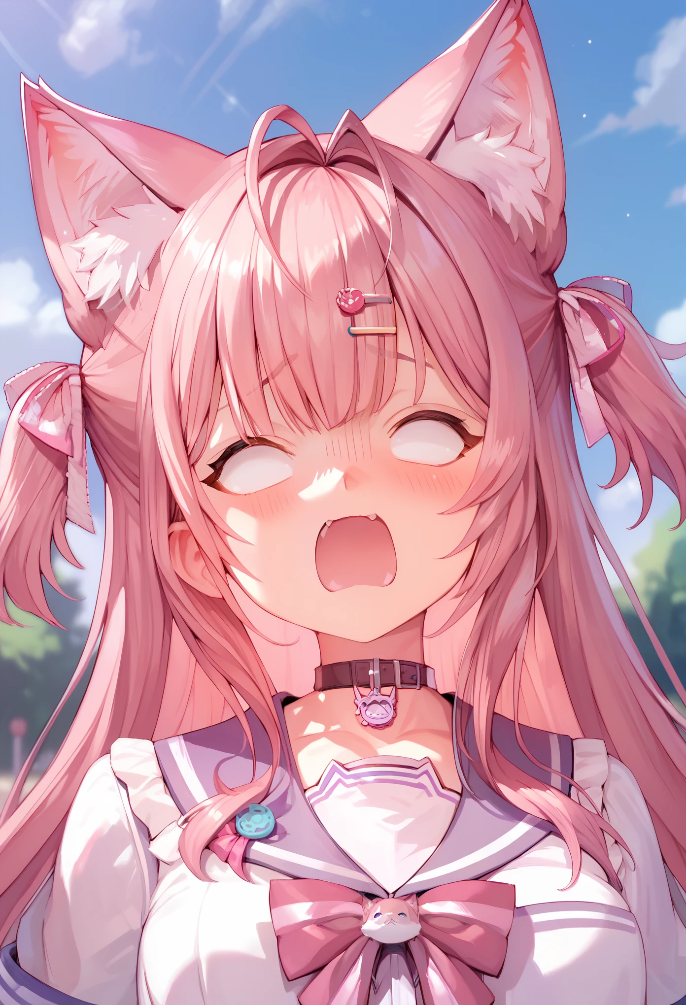 furry, pink fur, off-shoulder white semi transparent morning dress, hair between eyes, pink hair, gradient hair, hair over shoulder, wet hair, shiny hair, bell, horns, forehead jewel, dragon horns, lolita hairband, eye reflection, streaming tears, slit pupils, fox ears, wolf ears, open mouth, embarrassed, blush, fangs, tongue out, extra long tounge, saliva, full blush, flustered, Realism, Hyperrealism, ray tracing, reflection light, backlighting, Fujicolor, UHD, retina, anatomically correct, super detail, best quality, highres