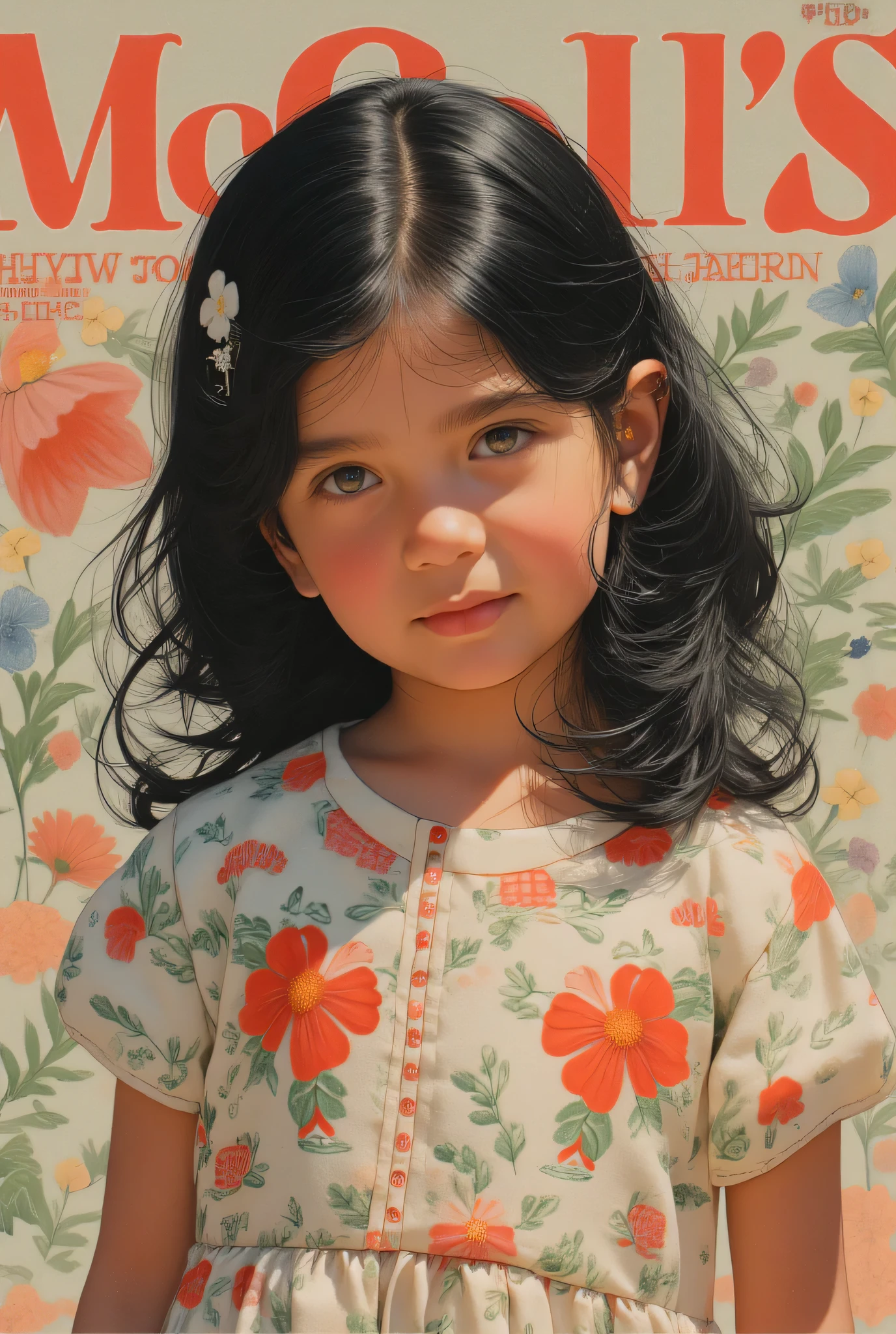 1970 magazine (cover say "McCall’s""Dress for girls"), (((full body))) a  7 year-old child, standing, front view, (looking at viewer:1.2),(long hair:1.2), black hair, messy hair, (hairclip:1.2), pale skin, jesusito,jesusito dress