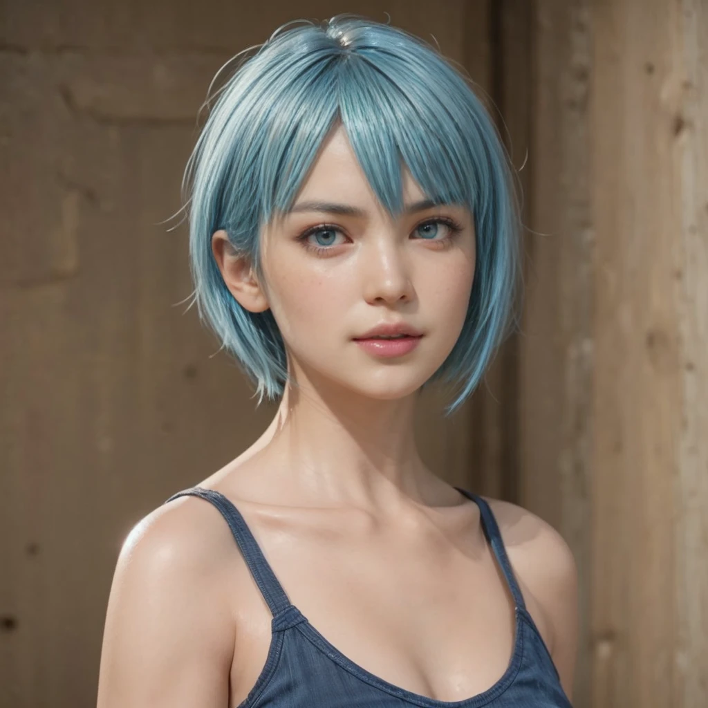 Nico, blue hair, (best quality, ultra-detailed), (realistic:1.37), beautiful and detailed face, ultra-realistic texture, delicate face, delicate body, red lipstick, long-lasting colors. high definition, 8K. expression with a sexy look